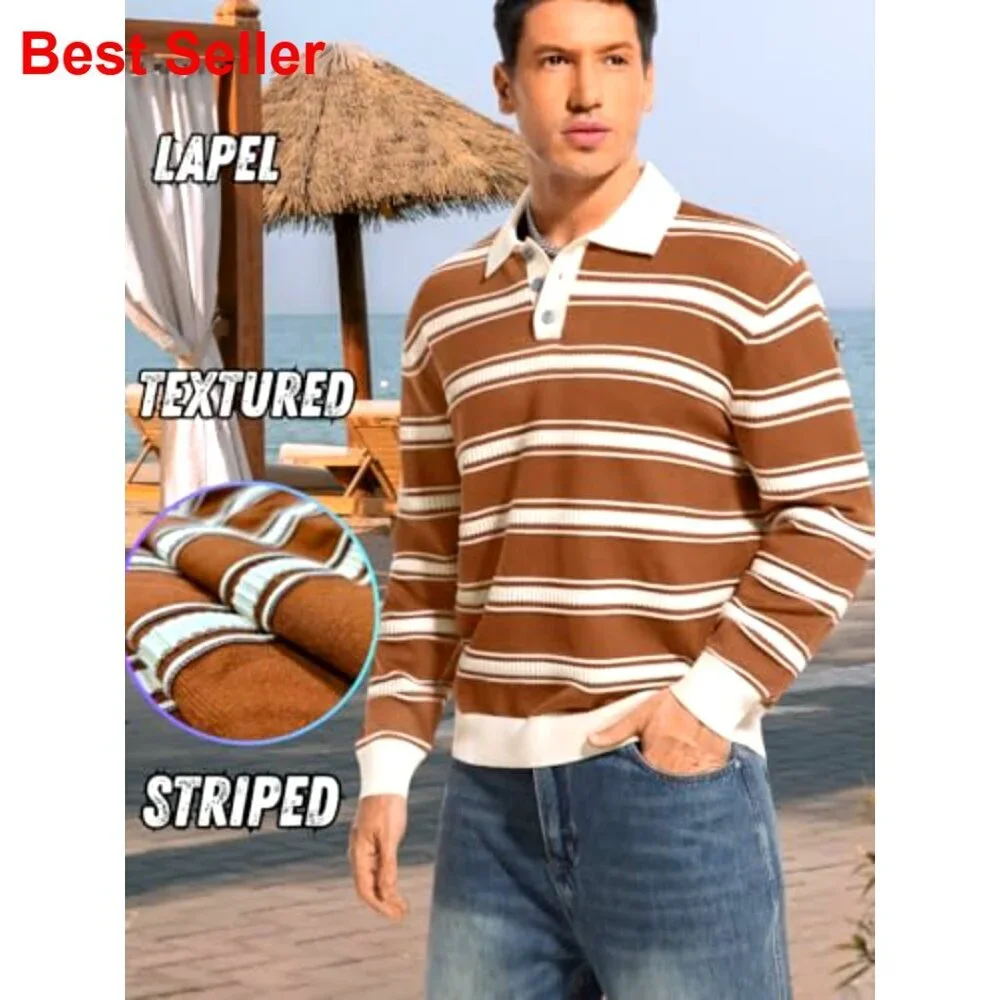 Men's Striped Long Sleeve Polo Sweater, Lightweight Knit Pullover